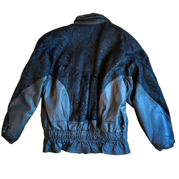 Y2K Bomber Jacket Sz M Black Texture Leather Patchwork Moto Collect VNT 80s - Picture 4 of 16